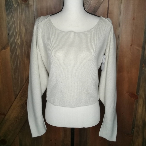 Free People NWT Saffron Oatmeal Tan Knit Sweater Open Back Puffed Sleeve Sz XL - Picture 2 of 9